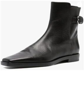 Black Women Square Closed Toe Ankle Boot Strap Buckle Low Heel Short Booties